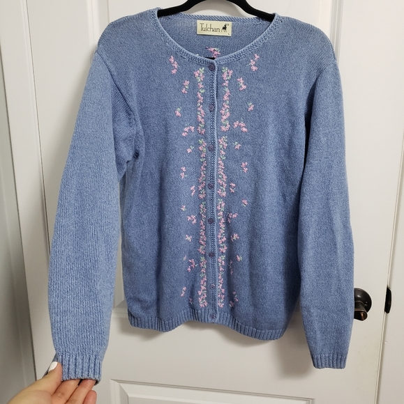 TULCHAN Floral Embroidered Blue Knitted Sweater Cardigan - Picture 2 of 7